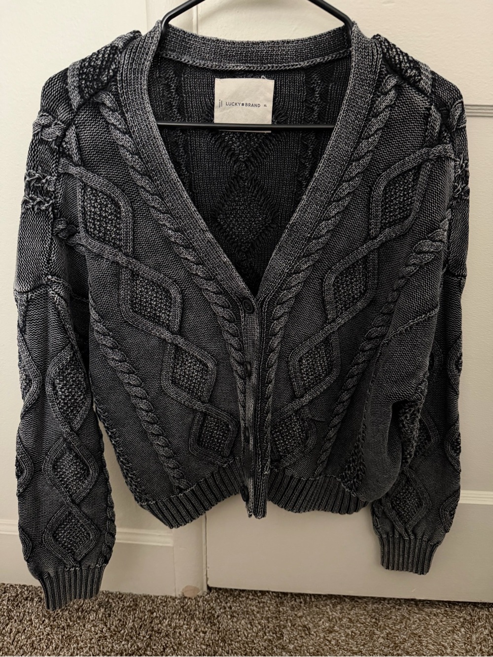 Lucky Brand Charcoal Gray Cable Knit Button-Up Cardigan